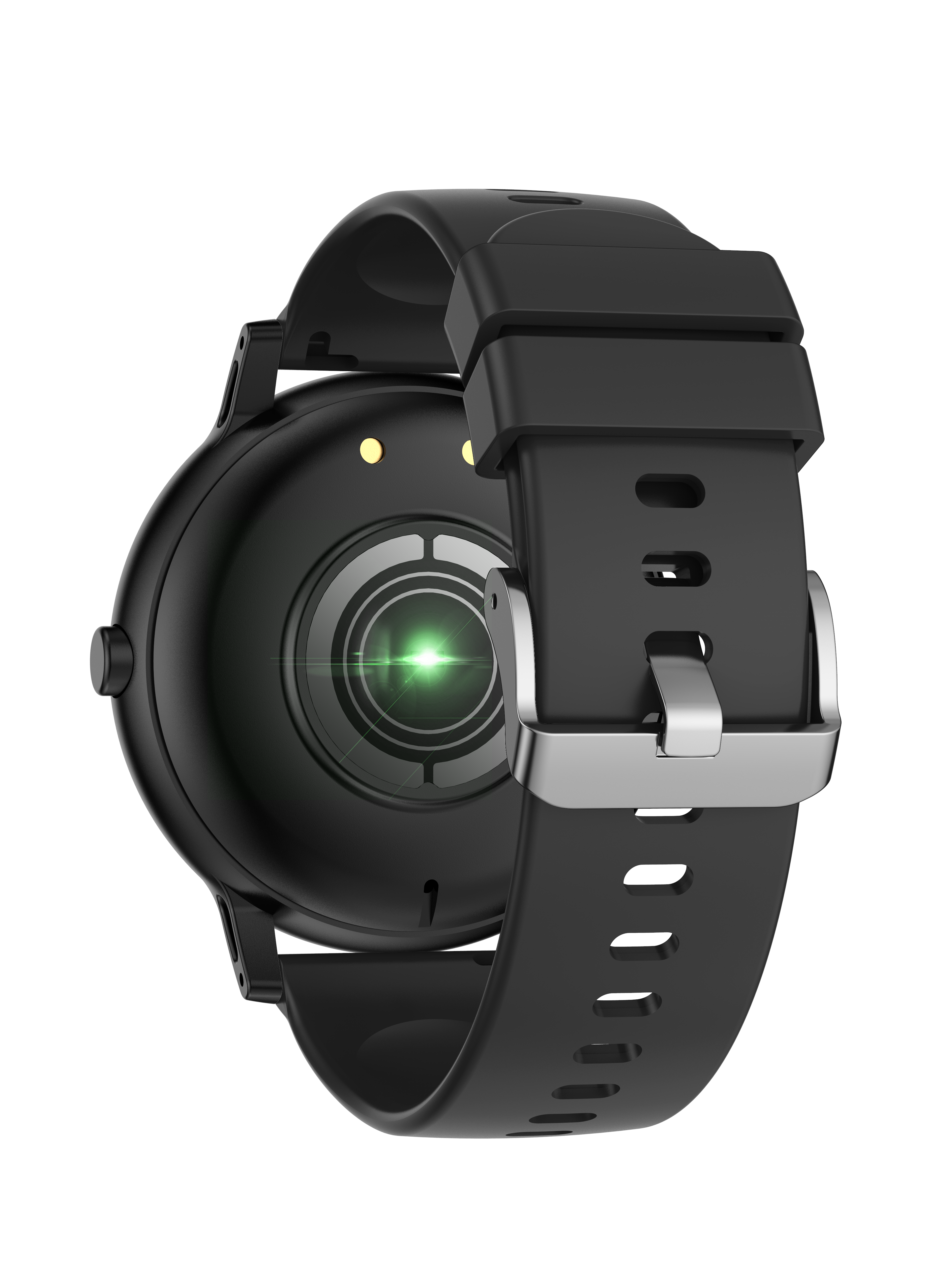 A black smartwatch back with a green light.