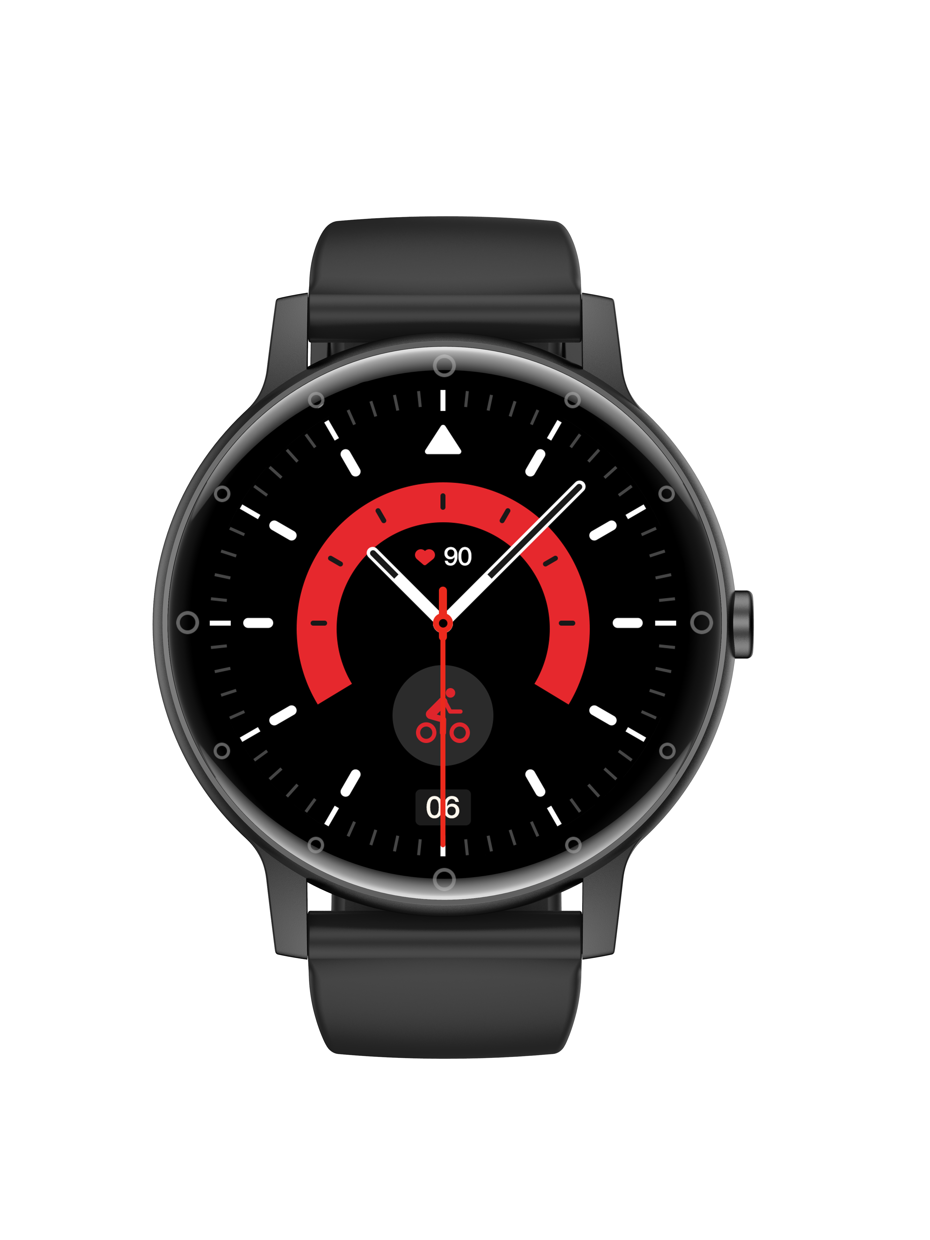 Black smartwatch with a round face displaying red and black graphics, black strap.
