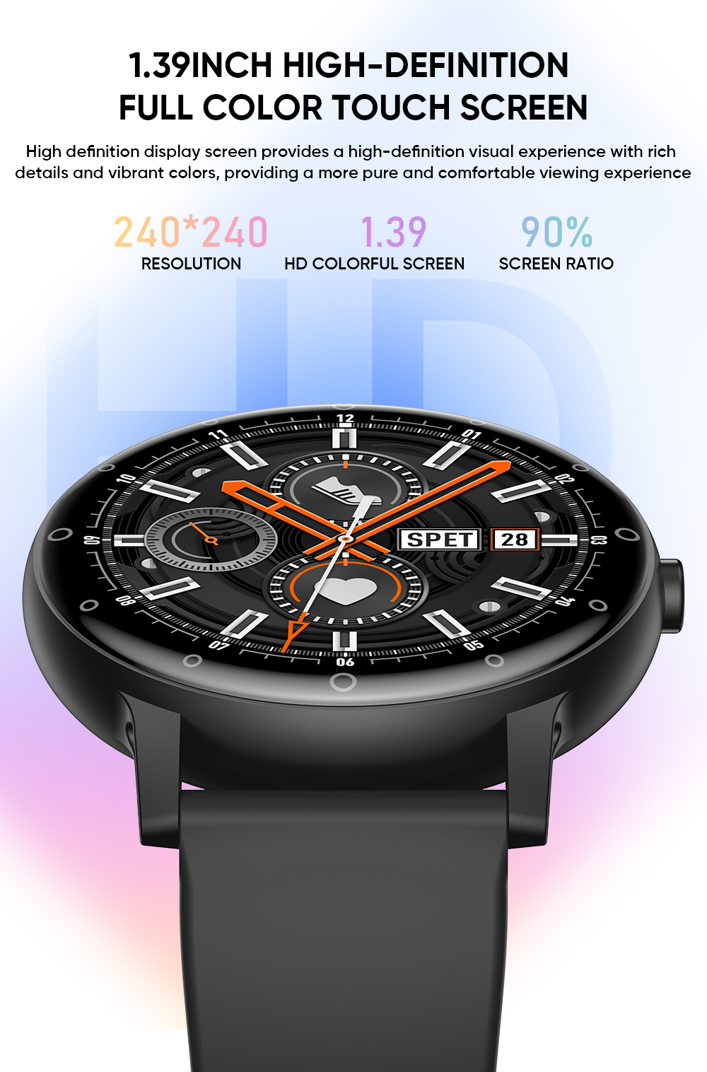 Smartwatch with black band, with a high-definition screen displaying information.