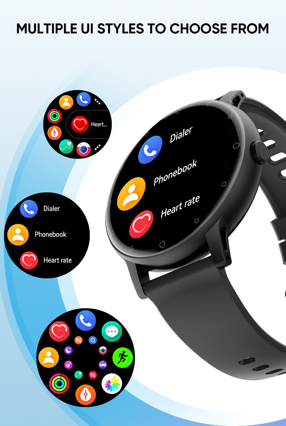 Smartwatch with different UI styles, showing icons for dialer, phonebook, and heart rate.