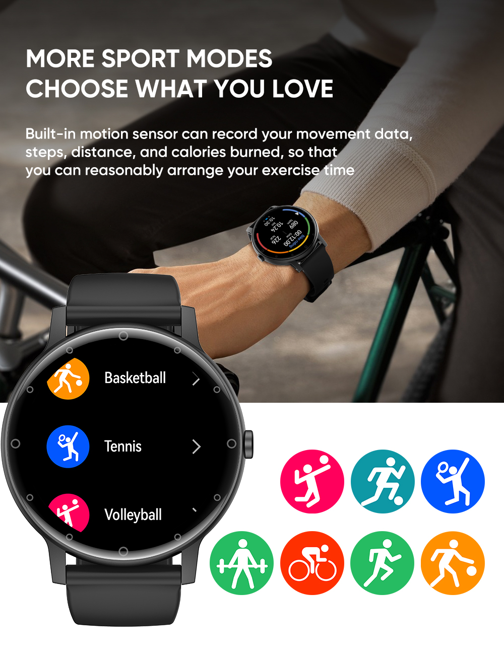 A smartwatch displaying sport modes: basketball, tennis, and volleyball. Other sports icons.