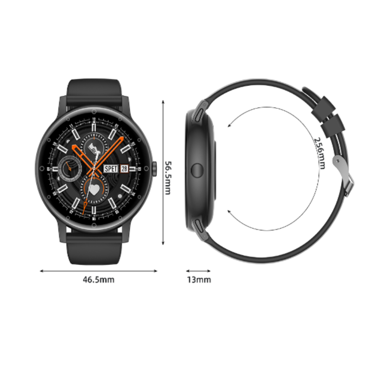 A black smartwatch with measurements and a side view, isolated on a white background, with black strap.