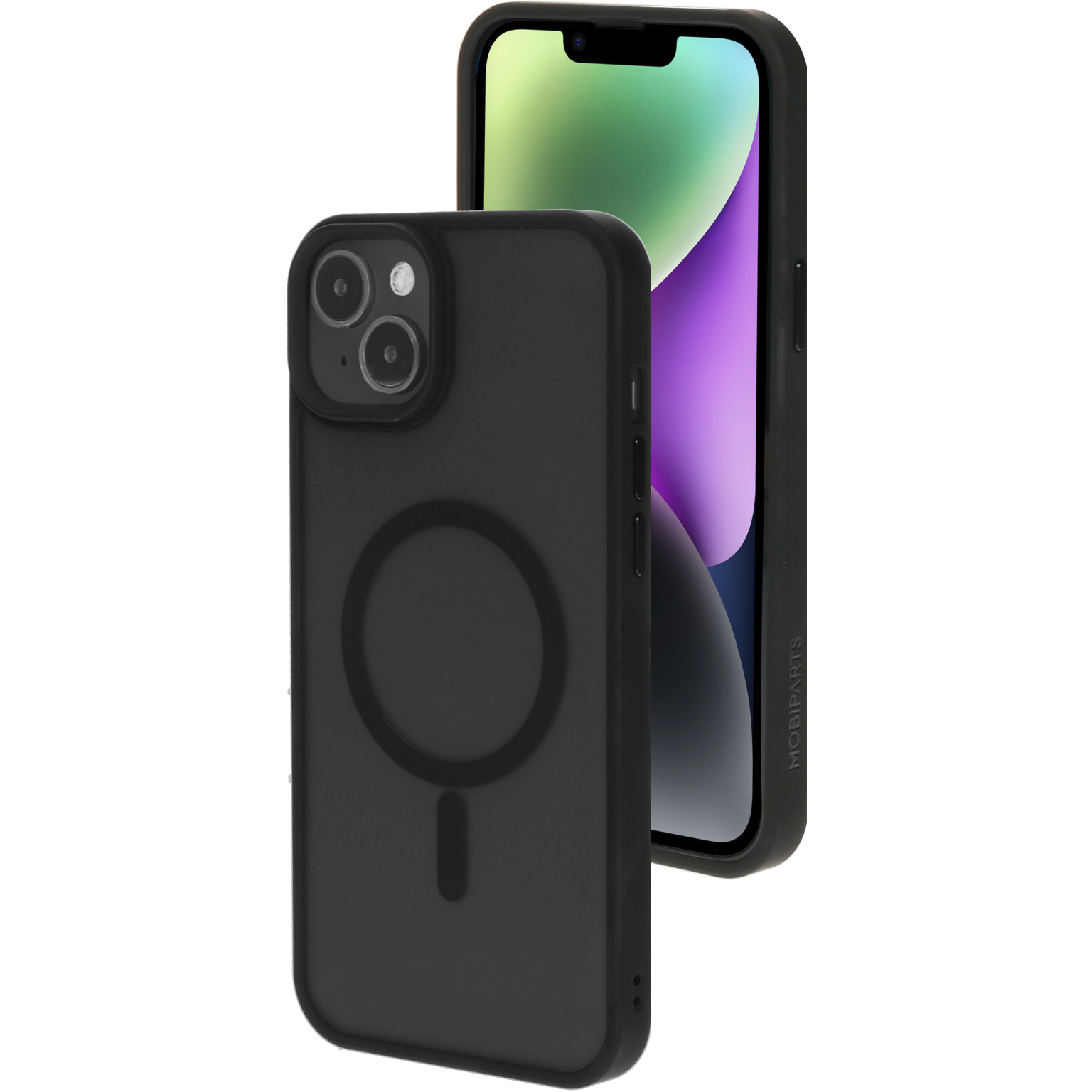 Zwarte telefoonhoes met een cirkelvormige magneet. Een telefoon staat achter de hoes.