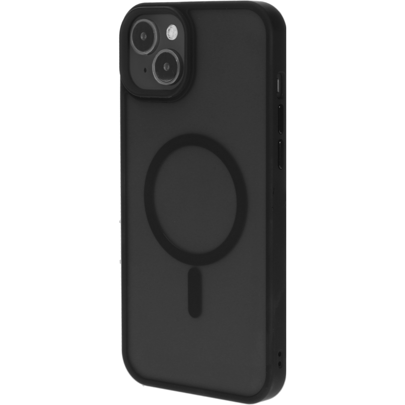 Zwarte telefoonhoes met een donkergrijze cirkel en een minteken op de achterkant.