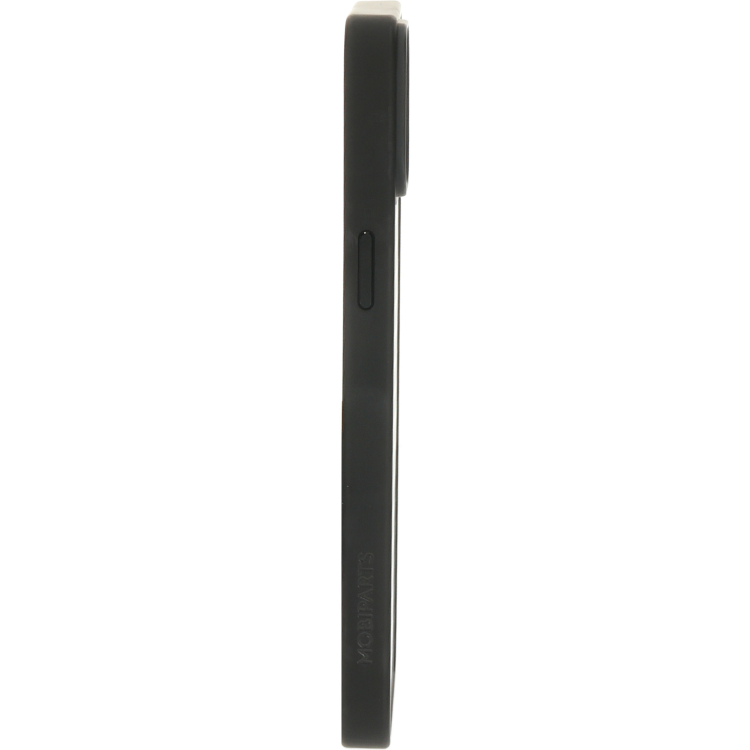 Een zwarte telefoonhoes gezien van de zijkant. De hoes heeft een MOBIPARTS-logo aan de zijkant.