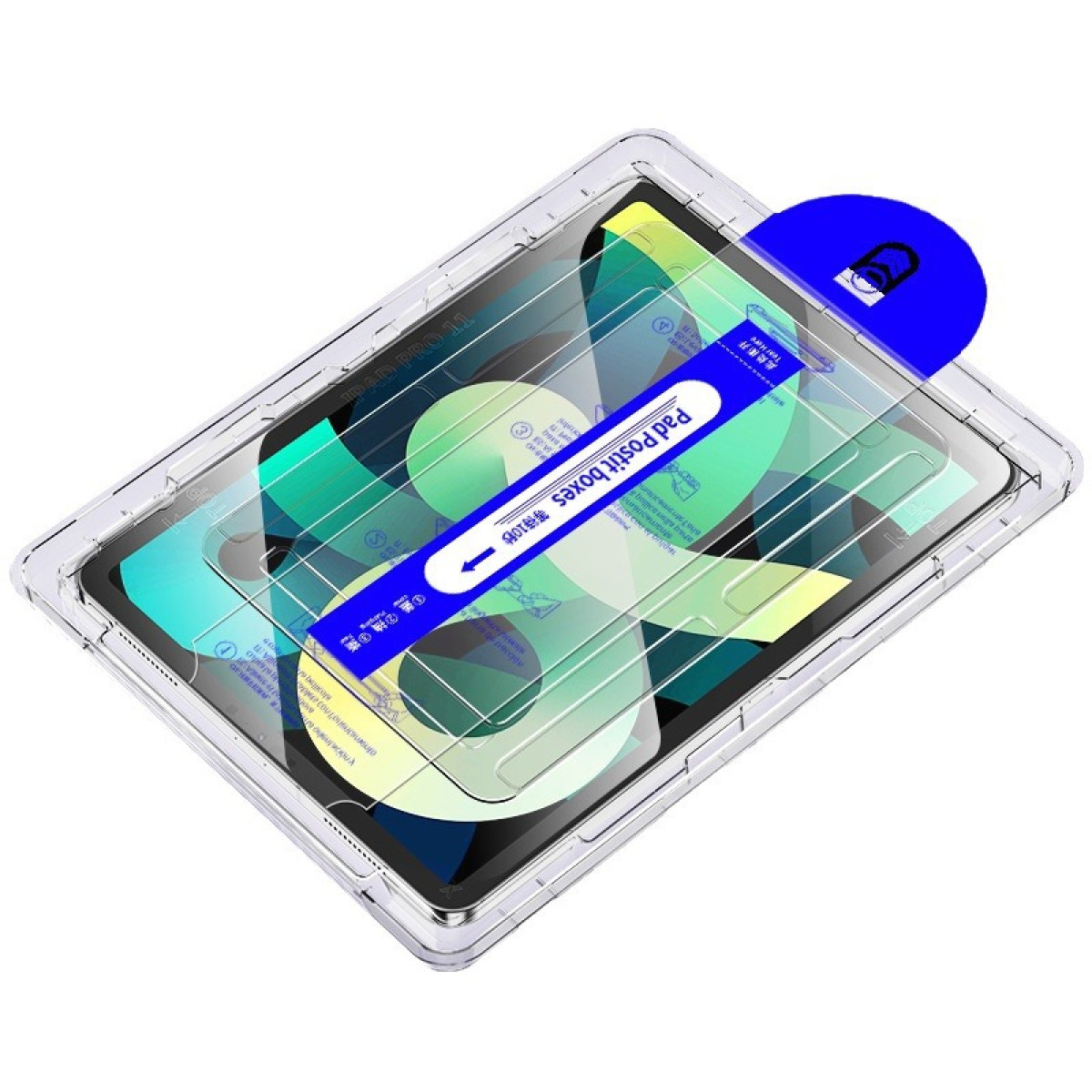 Tablet in een doorzichtige hoes met screenprotector. Blauwe lip voor het aanbrengen. Witte achtergrond.