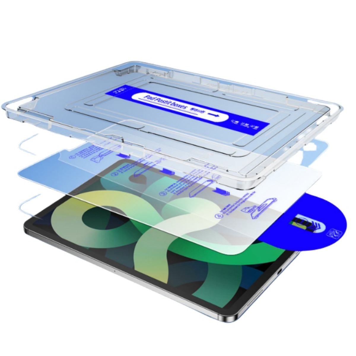 Een iPad met schermbeschermers en een doorzichtige hoes, de iPad is groen en blauw.