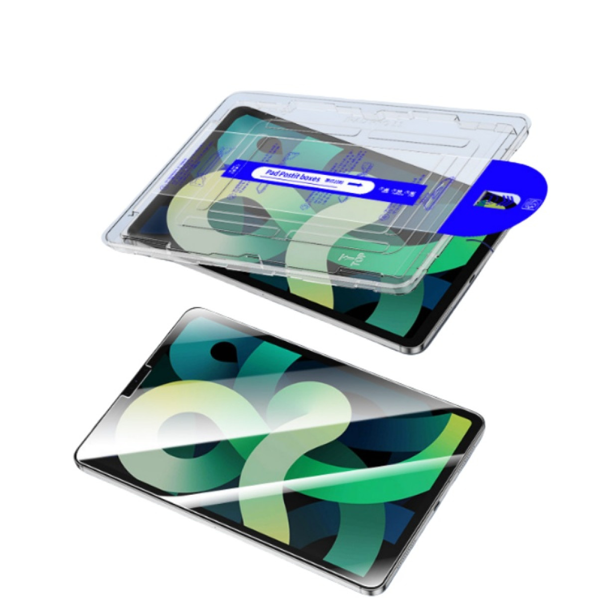 Een schermbeschermer voor een tablet wordt aangebracht. De beschermer is transparant.