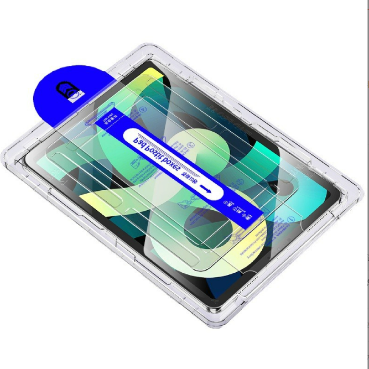 Ochraniacz ekranu tabletu w opakowaniu. Pokazano niebieską zakładkę.