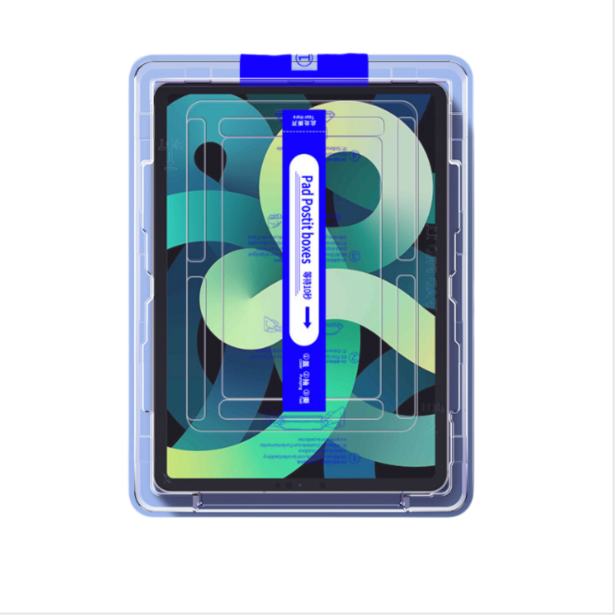 Tablet wewnątrz ramy ochronnej z założonym ochraniaczem ekranu.