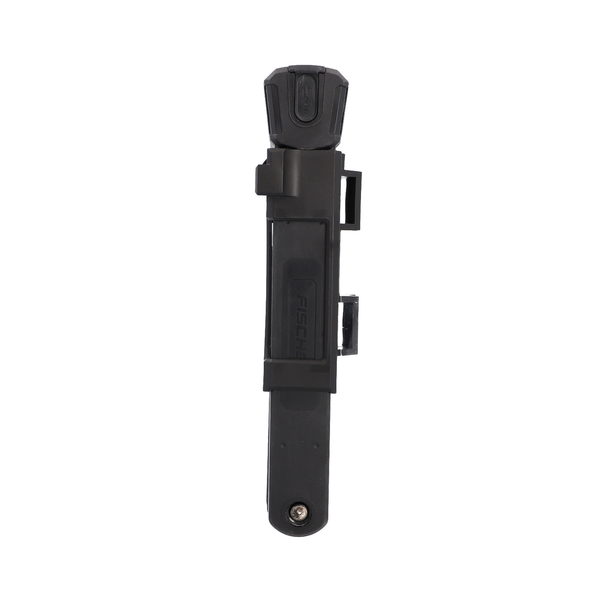Ein geschlossenes schwarzes FISCHER-Messer. Es befindet sich in einer schwarzen Scheide. Das Messer steht aufrecht.
