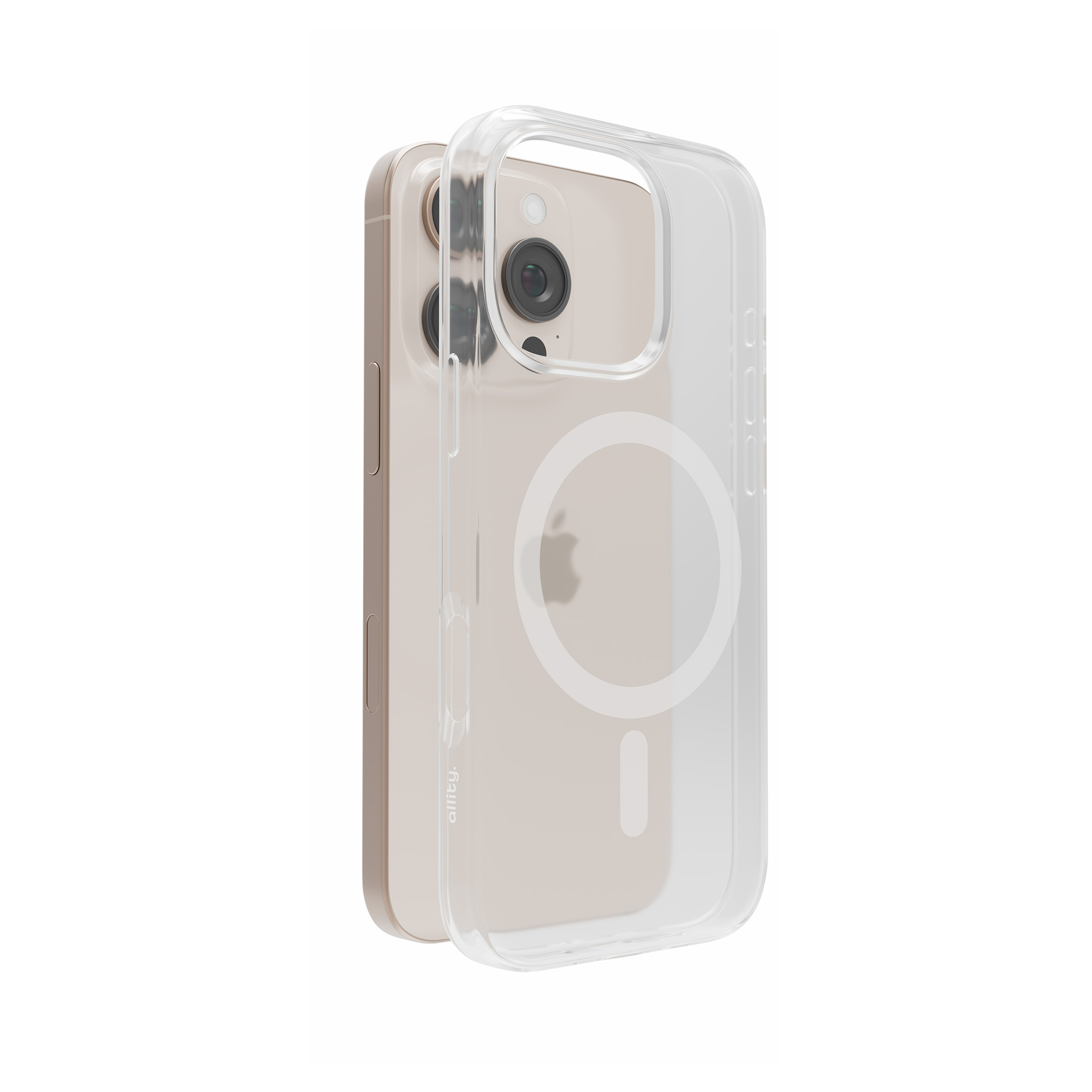 iPhone w przezroczystym etui, na białym tle.