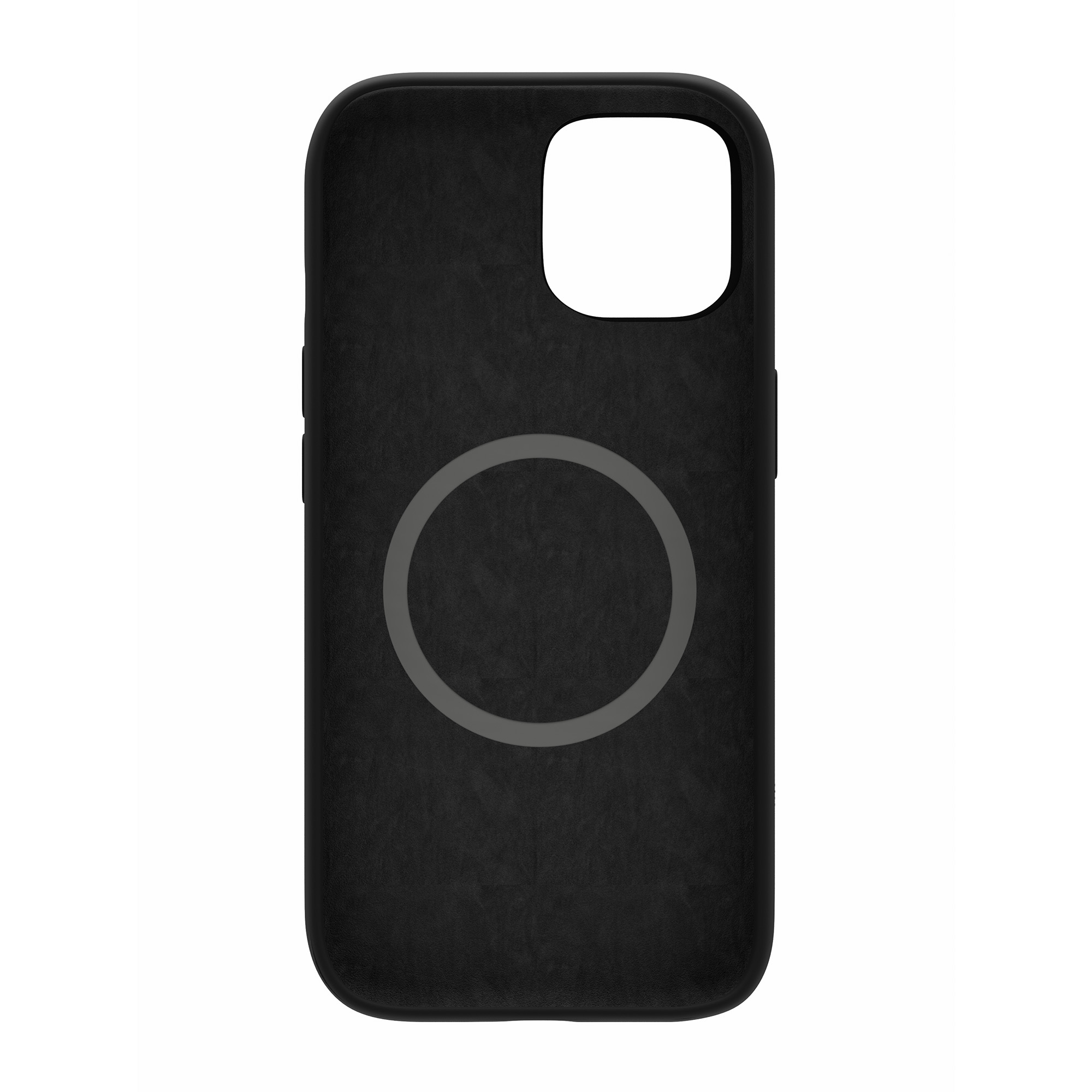 Czarne etui na telefon z pierścieniem magnetycznym. Białe tło, gładka faktura.