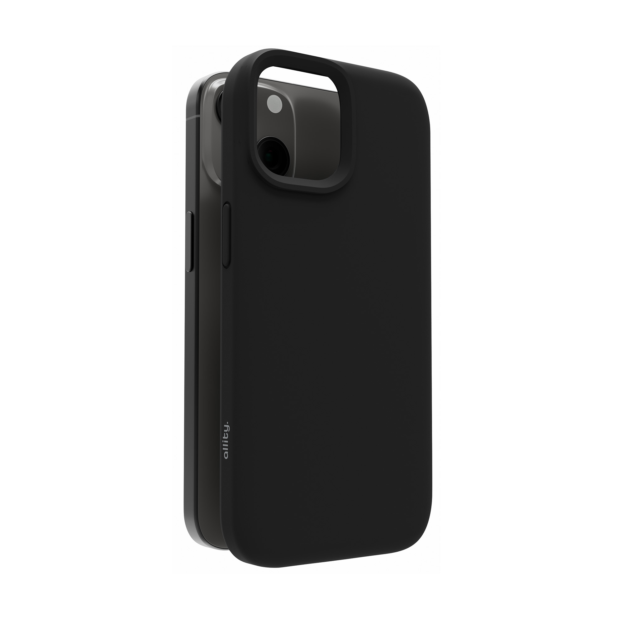 Czarna obudowa iPhone'a z telefonem w środku, na białym tle.