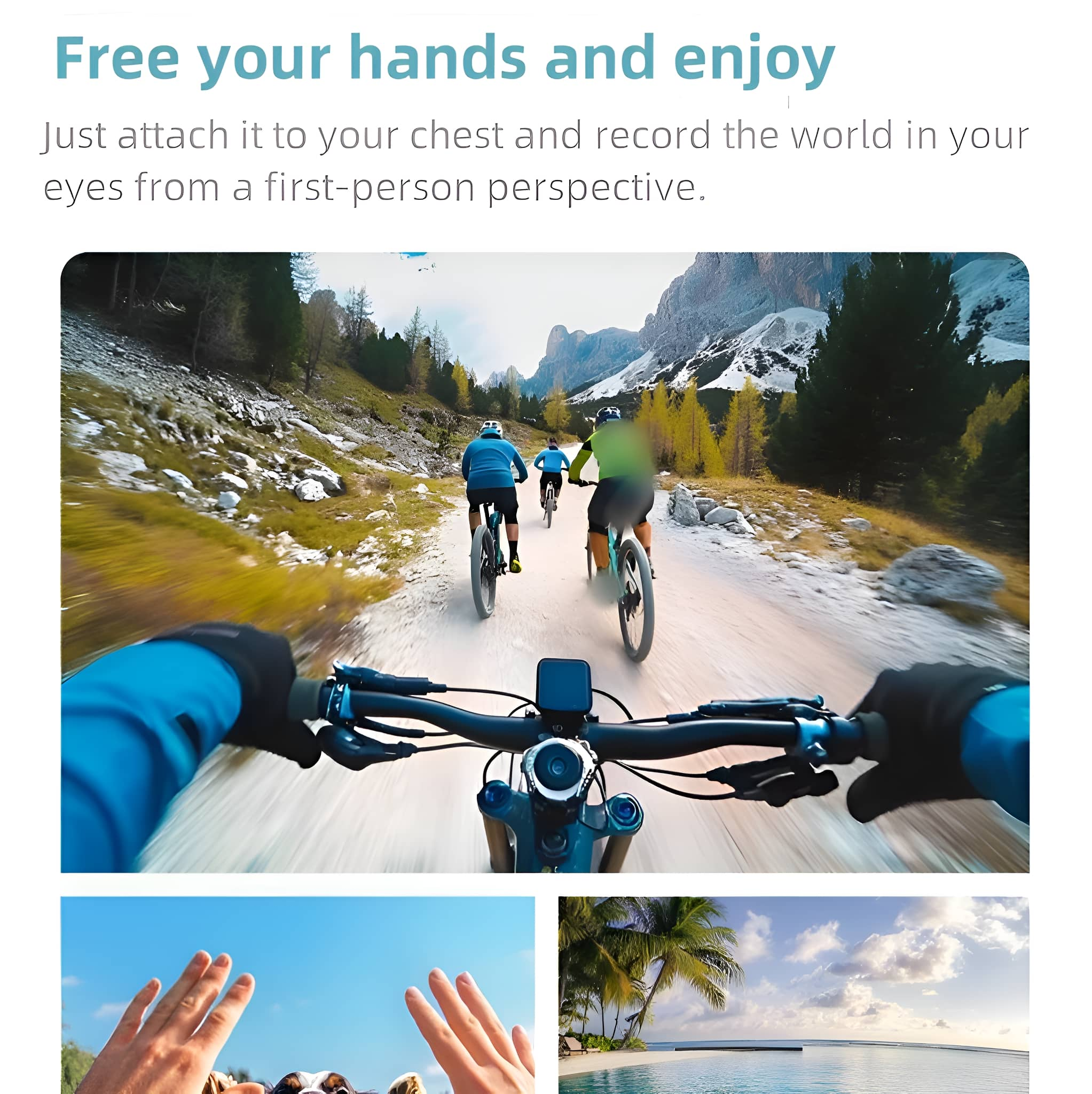 Leute fahren auf einer unbefestigten Straße Fahrrad, aus der Ego-Perspektive. Zusätzliche Aufnahmen von Händen und einem Pool.