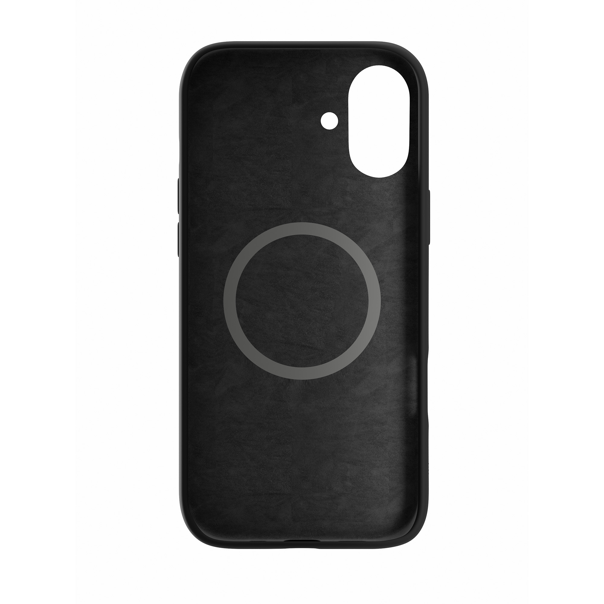 Czarne etui na telefon. Posiada wycięcie na aparat i okrągły szary okrąg ładowania. Białe tło.
