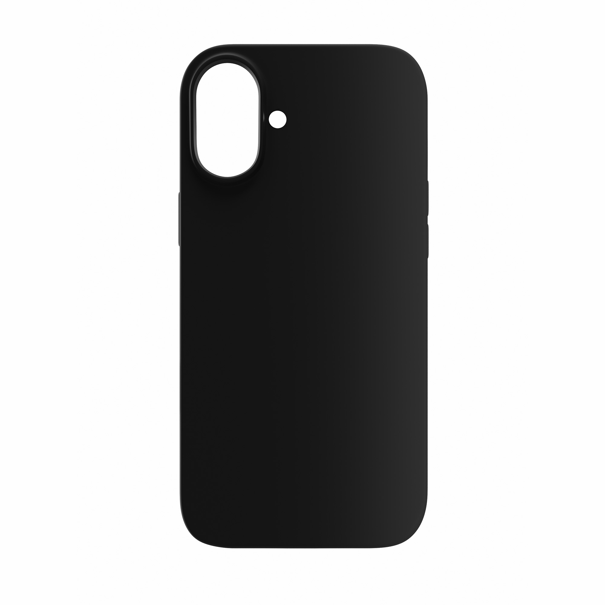 Zwykłe czarne etui na telefon z otworami na aparat i przyciski, na białym tle.