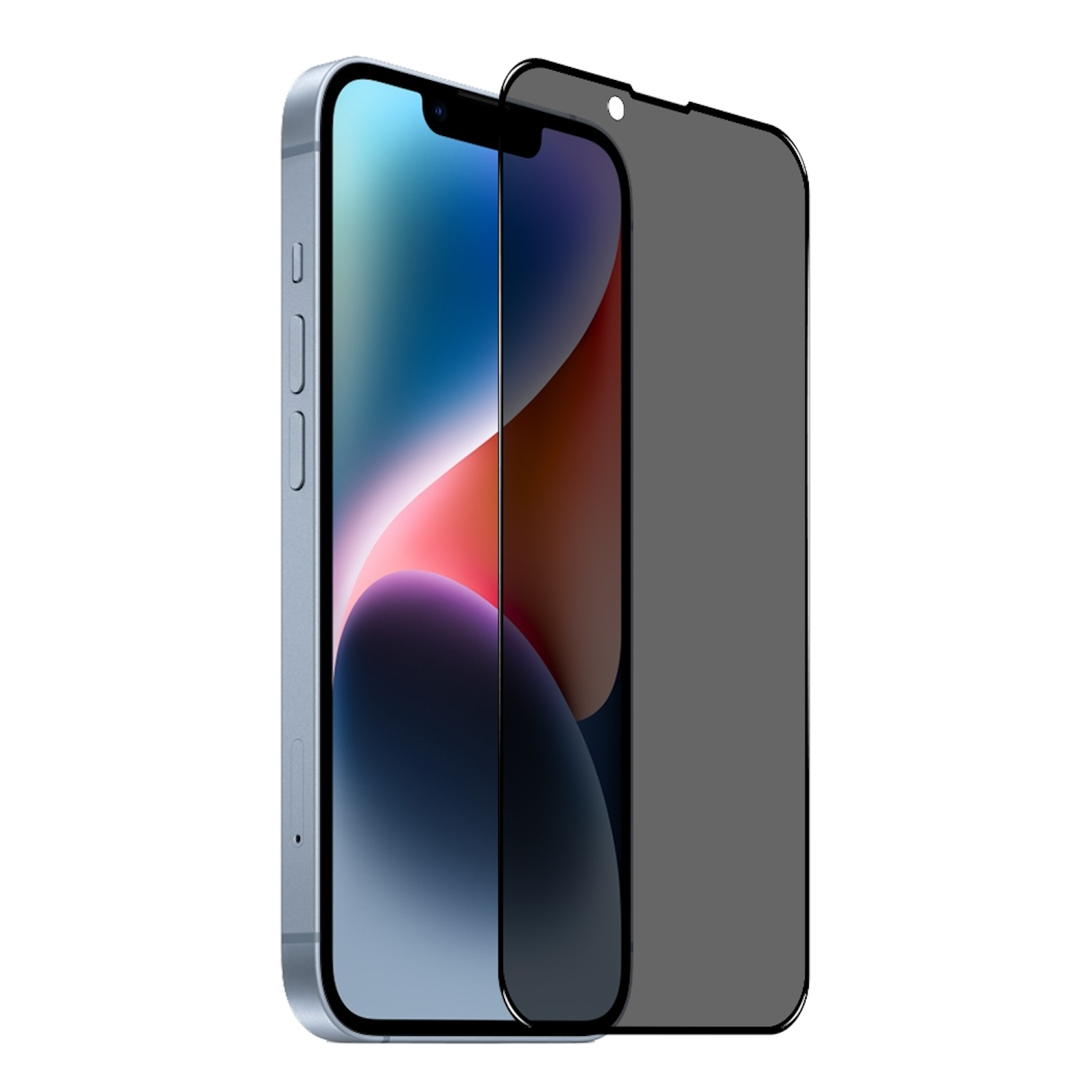 Telefon mit Displayschutz. Der Displayschutz ist dunkelgrau, das Telefon silber und schwarz.