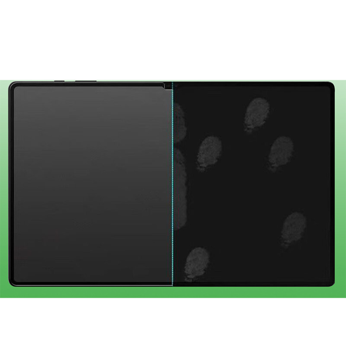 Uno schermo nero con impronte digitali sul lato destro, che mostra un test touch.