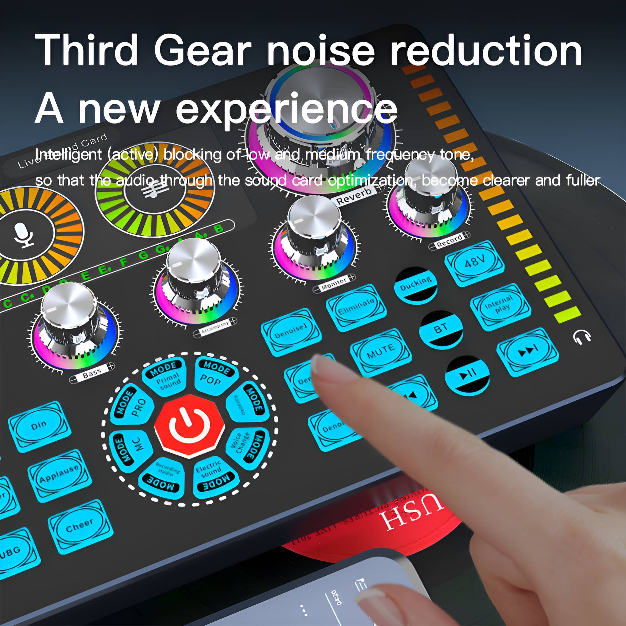 Sound-Mixing-Board mit verschiedenen Knöpfen, Smartphone und Text zur Geräuschreduzierung.