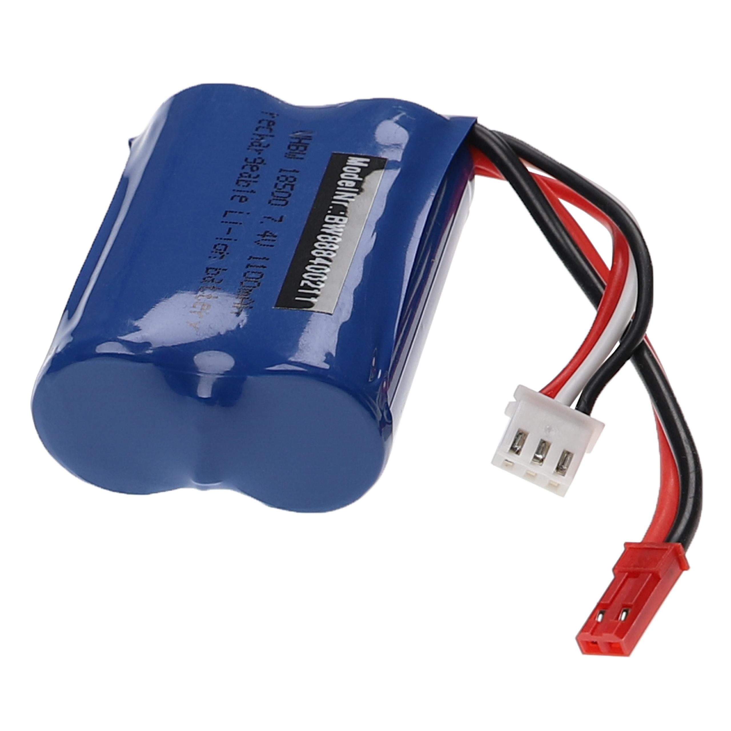 Blaue, wiederaufladbare Li-Ionen-Batterie mit Kabeln und Stecker, weißer Hintergrund.