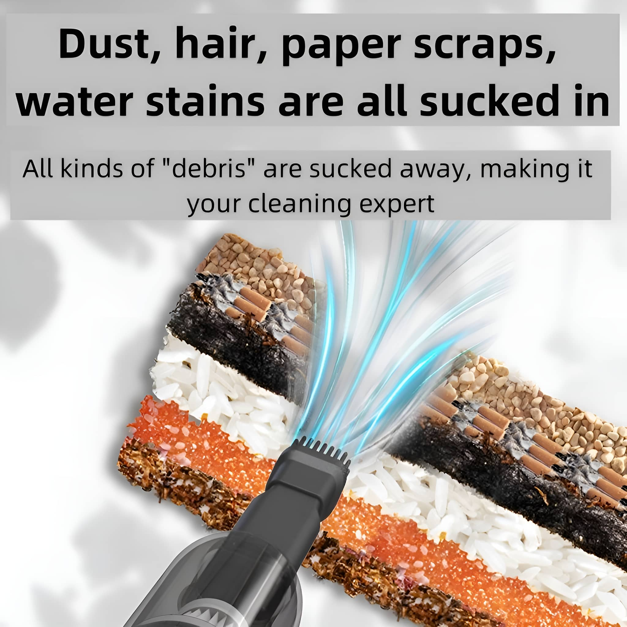 Staubsaugerkopf, der Schmutz aufsaugt, mit Etiketten, die auf Staub, Haare und Papierreste zeigen.