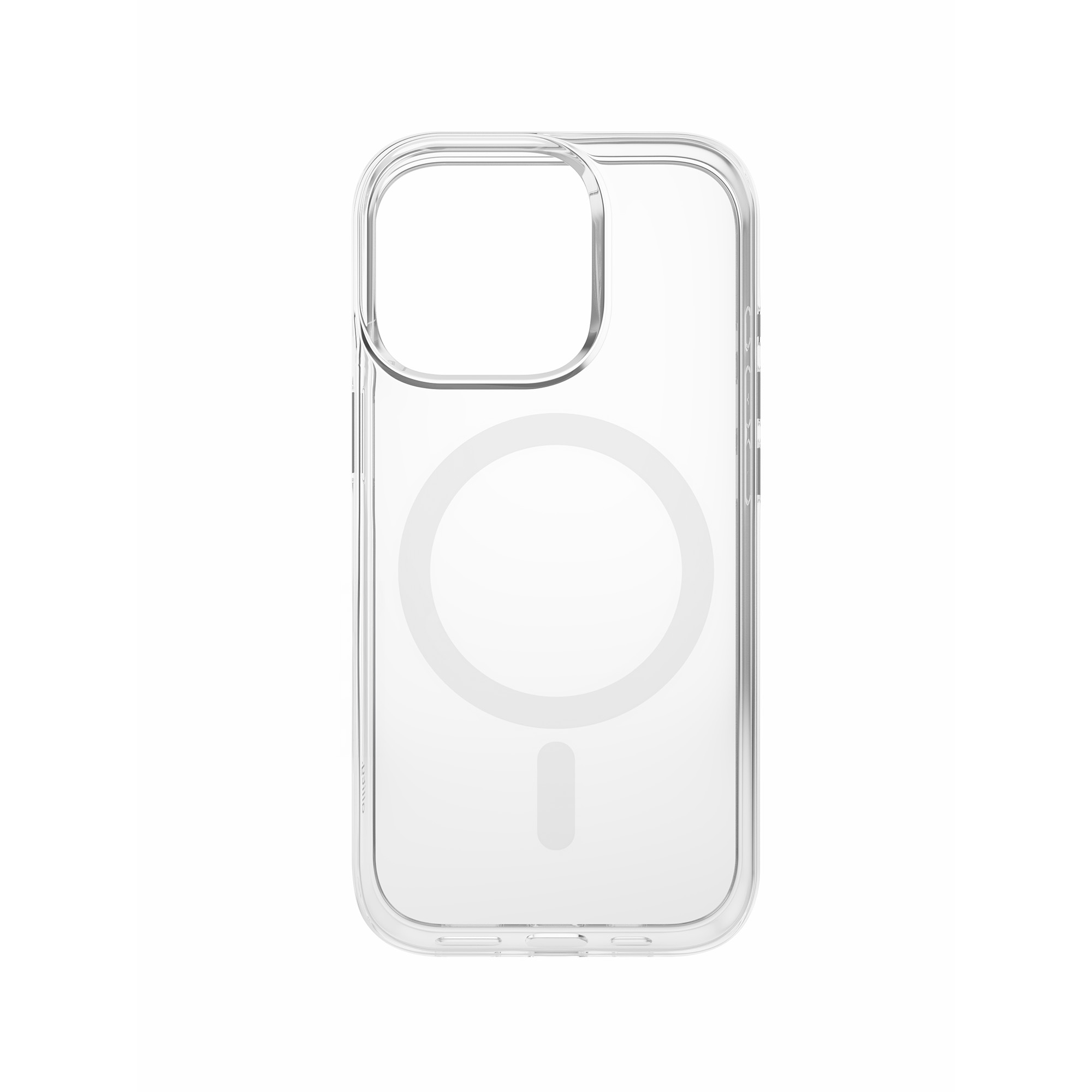 Przezroczyste etui na telefon z okrągłym pierścieniem magnetycznym i wycięciem na aparat na białym tle.