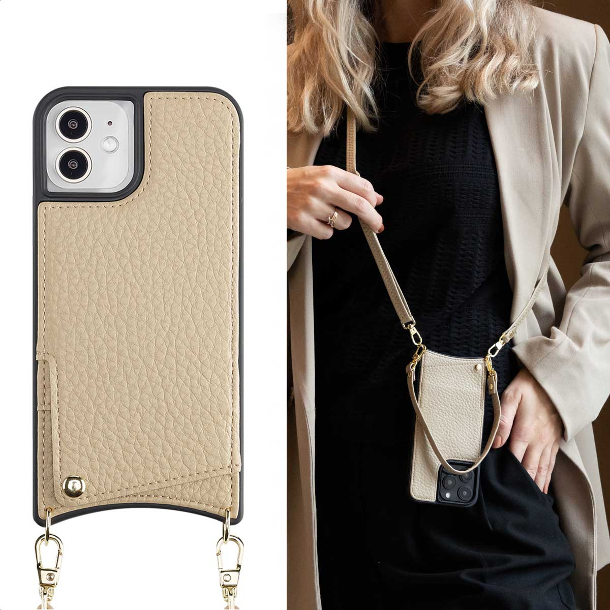 SELENCIA Nova Backcover met koord en pashouder - Geschikt voor Apple iPhone 12 (Pro) - Telefoonhoesje voor Apple iPhone 12/ iPhone 12 Pro Beige