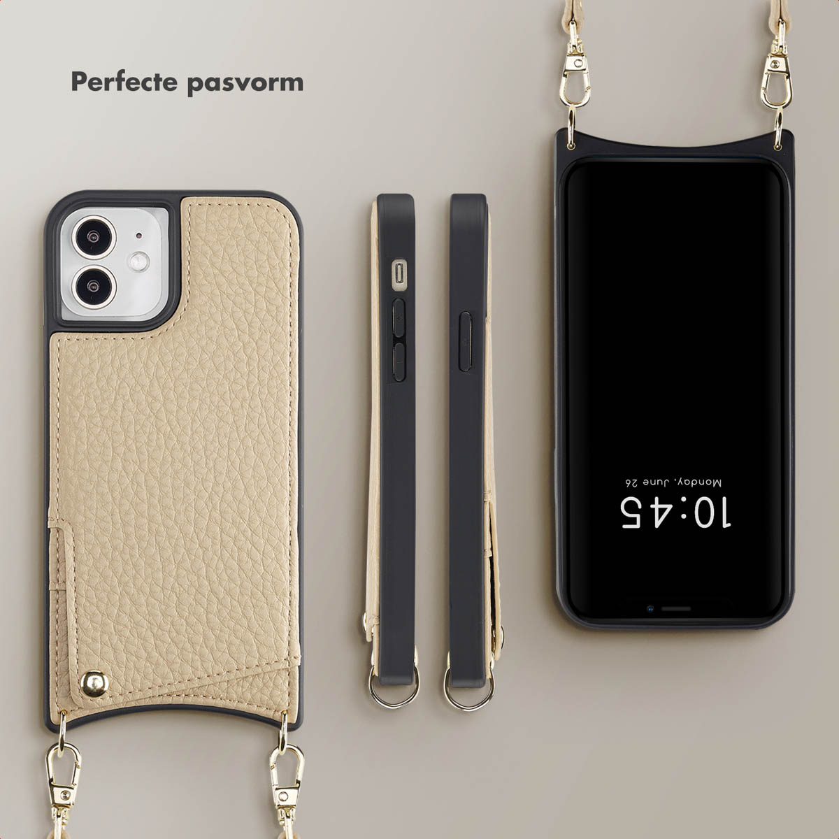 SELENCIA Nova Backcover met koord en pashouder - Geschikt voor Apple iPhone 12 (Pro) - Telefoonhoesje voor Apple iPhone 12/ iPhone 12 Pro Beige