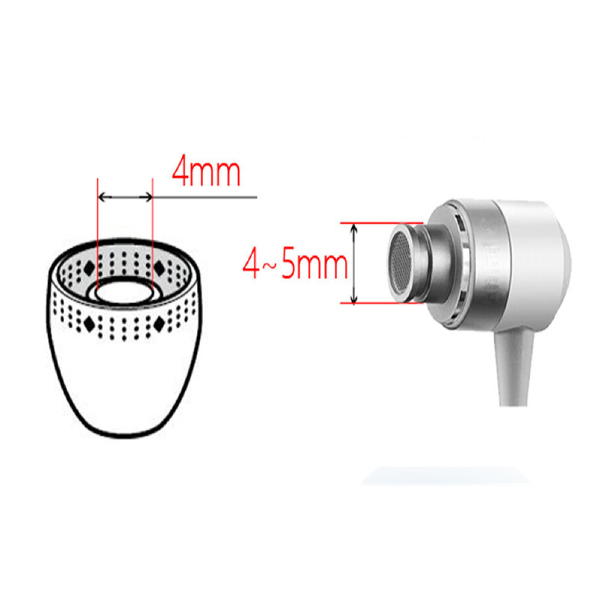 Słuchawka douszna i końcówka douszna z pokazanymi wymiarami. Słuchawka jest biała.