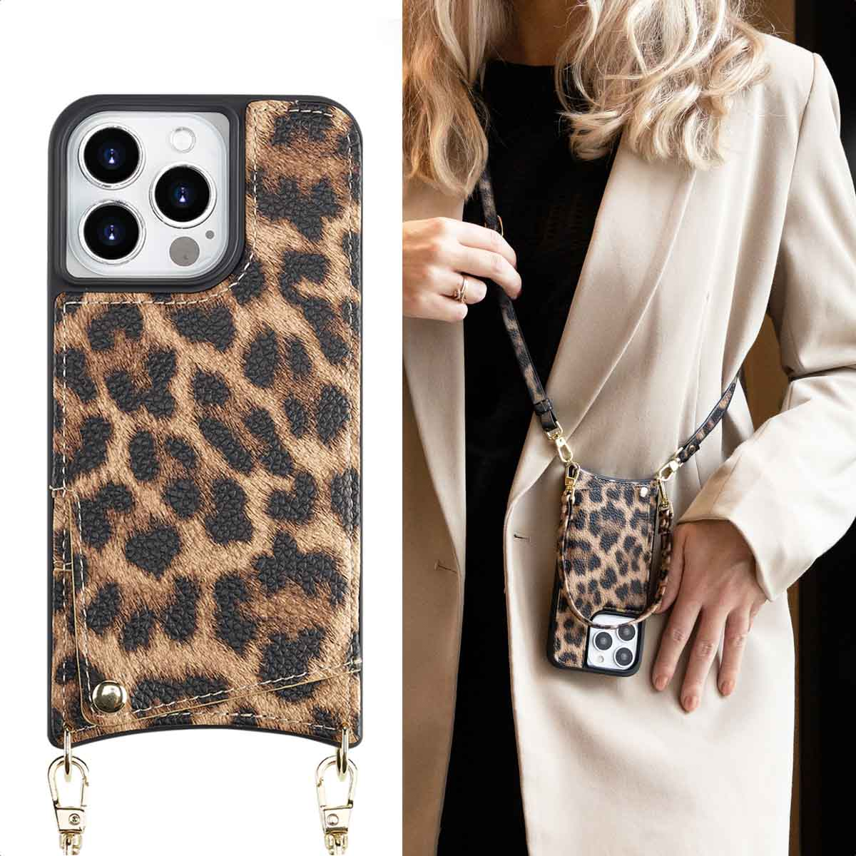 Une coque de téléphone avec un imprimé léopard. Elle a un porte-cartes et une lanière. Une femme la porte.