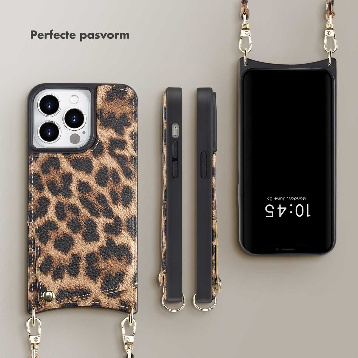 Coque de téléphone avec un porte-cartes à imprimé léopard. Deux coques sont montrées, une attachée à un téléphone et un gros plan.