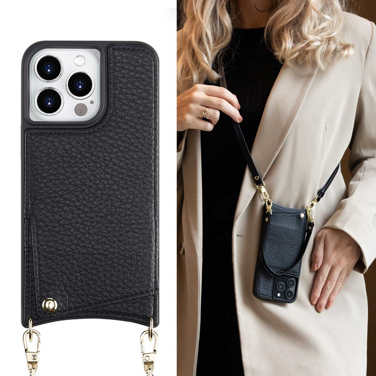 Een zwarte telefoonhoes met een riem, gedragen door een persoon. De hoes heeft een kaartsleuf en gouden accenten.