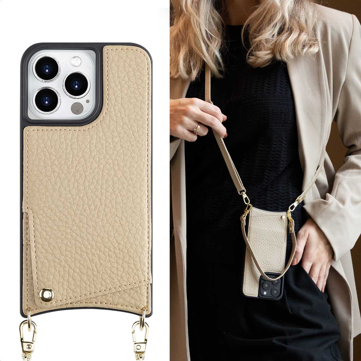 Een telefoonhoesje met een bandje, getoond op een telefoon en om de nek van een persoon. Beige.