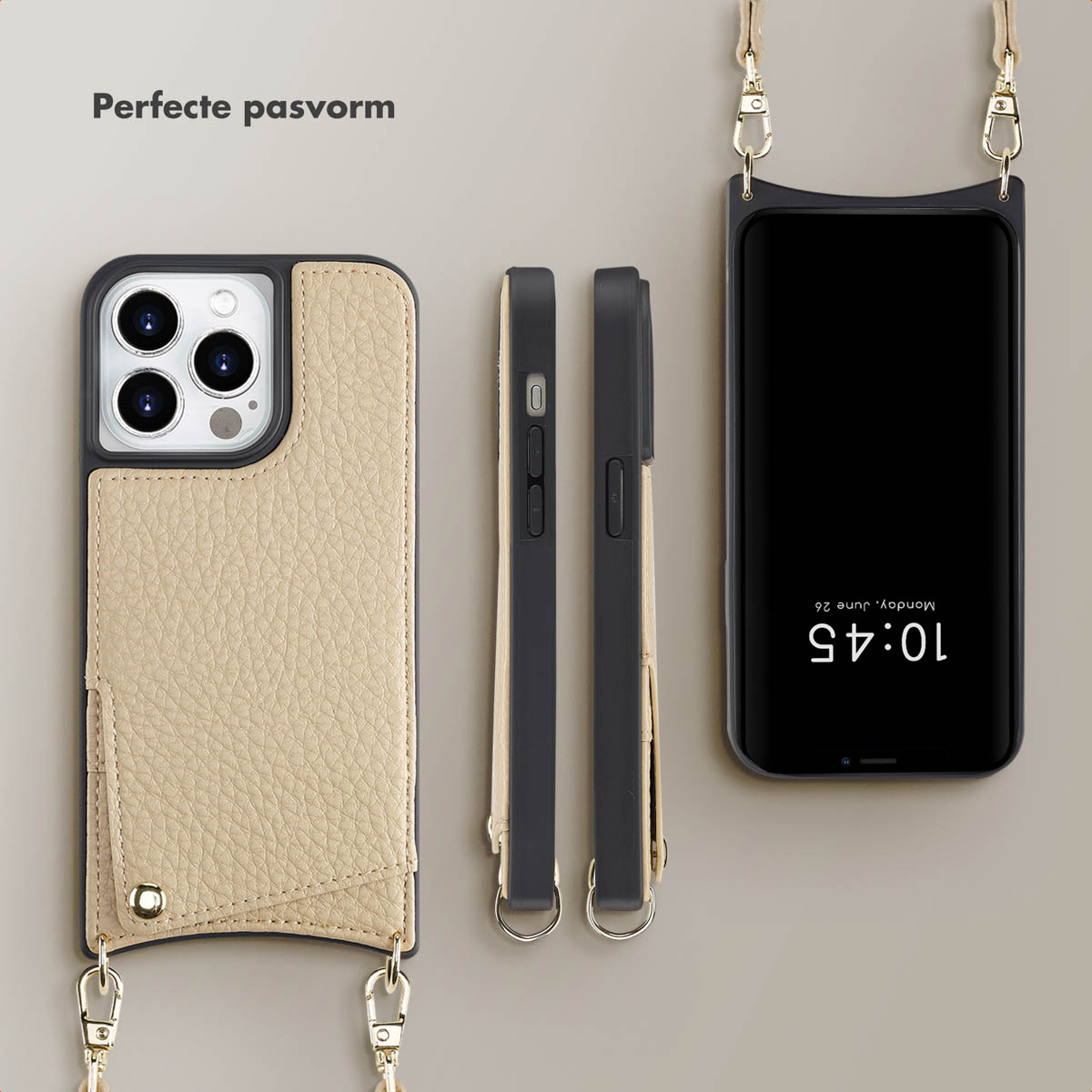 Verschillende telefoonhoesjes met bandjes. Eén heeft een telefoon met 10:45. Hoesjes zijn beige, zwart en transparant.
