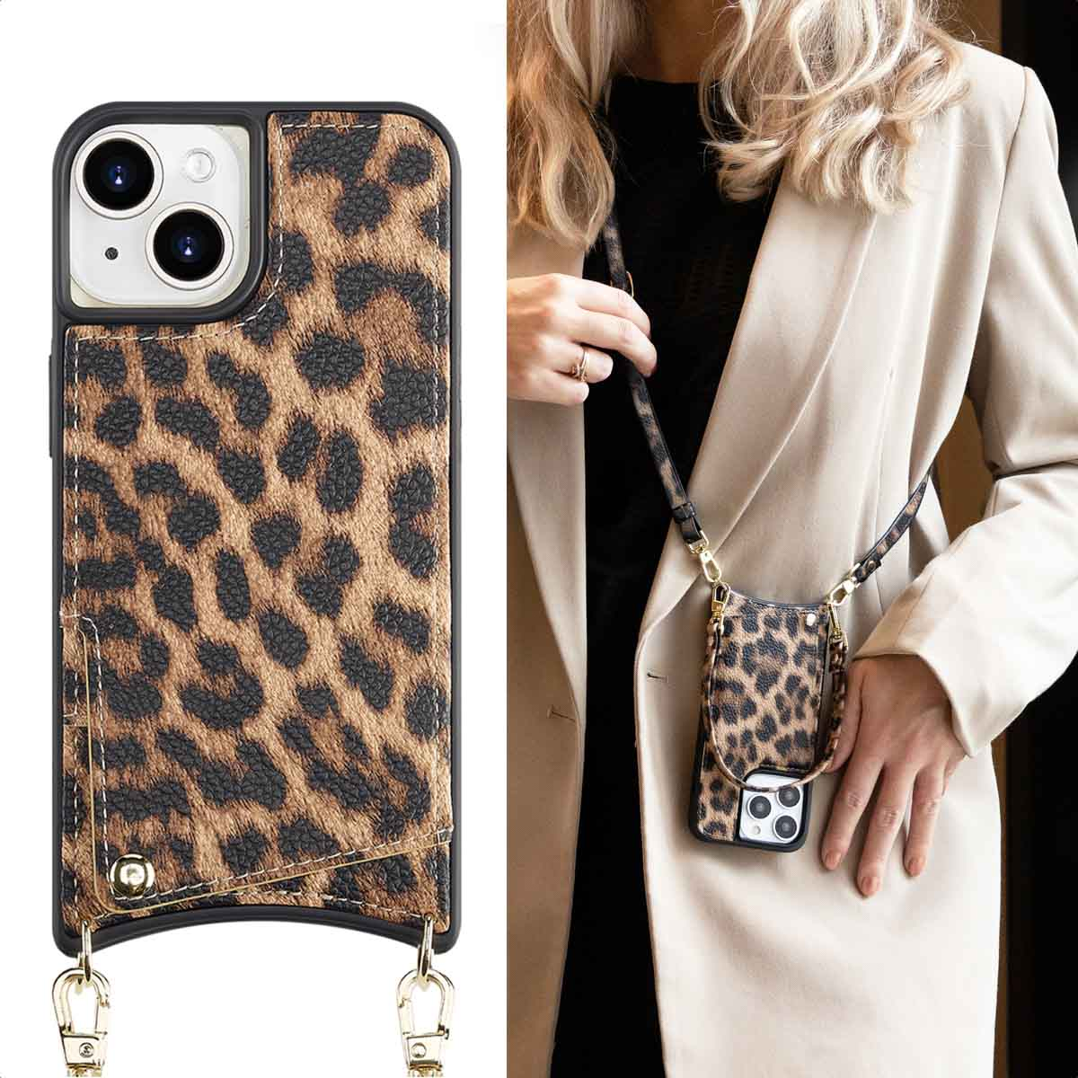 SELENCIA Nova Backcover met koord en pashouder - Geschikt voor Apple iPhone 15 - Telefoonhoesje voor Apple iPhone 15 Meerkleurig