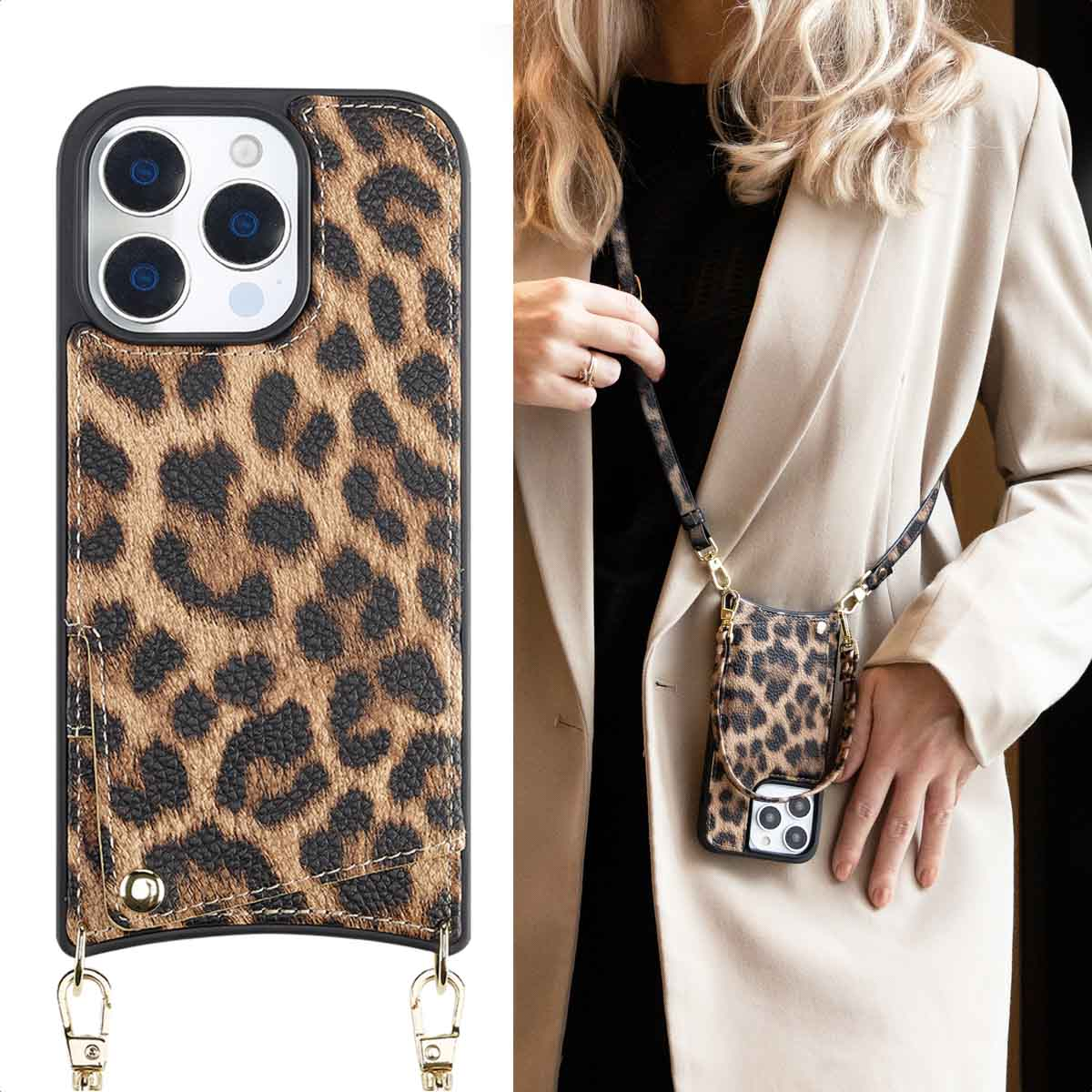 Telefoonhoesje met luipaardprint, bevestigd aan een riem, gedragen door een vrouw.