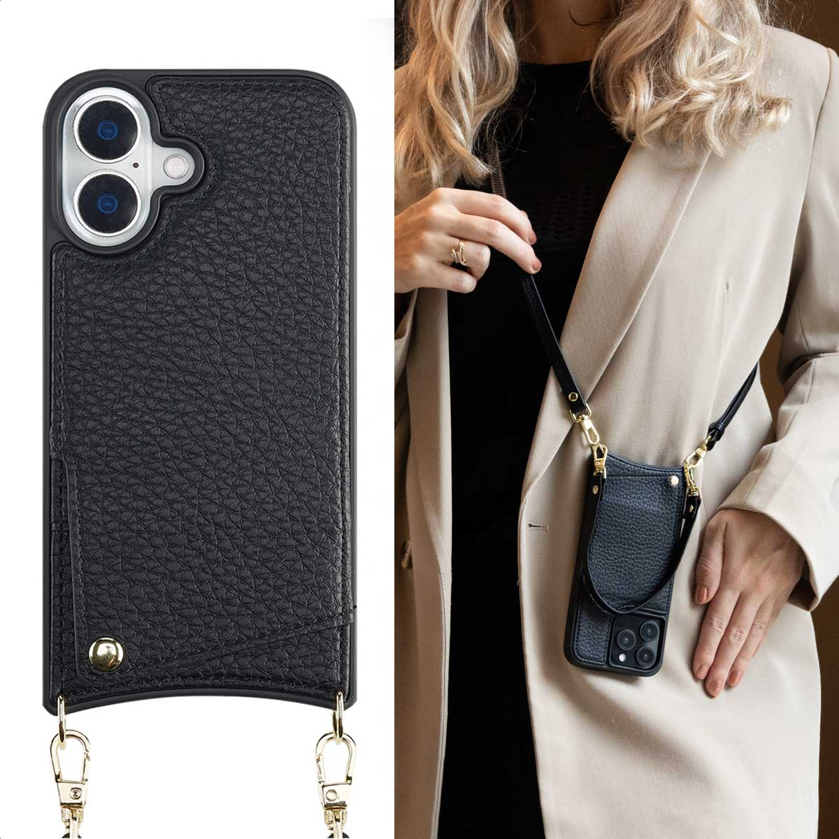 Een zwarte telefoonhoes met een riem en een vrouw met een witte jas die de telefoon draagt.