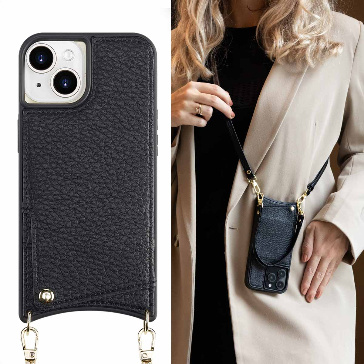 Een zwarte telefoonhoes met een riem. De telefoonhoes is zwart en heeft een riem om hem te dragen.