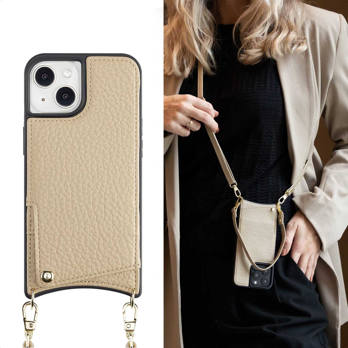 Deux images d'une coque de téléphone avec une sangle. L'étui est beige. Le téléphone est dans la main d'une personne dans l'une.