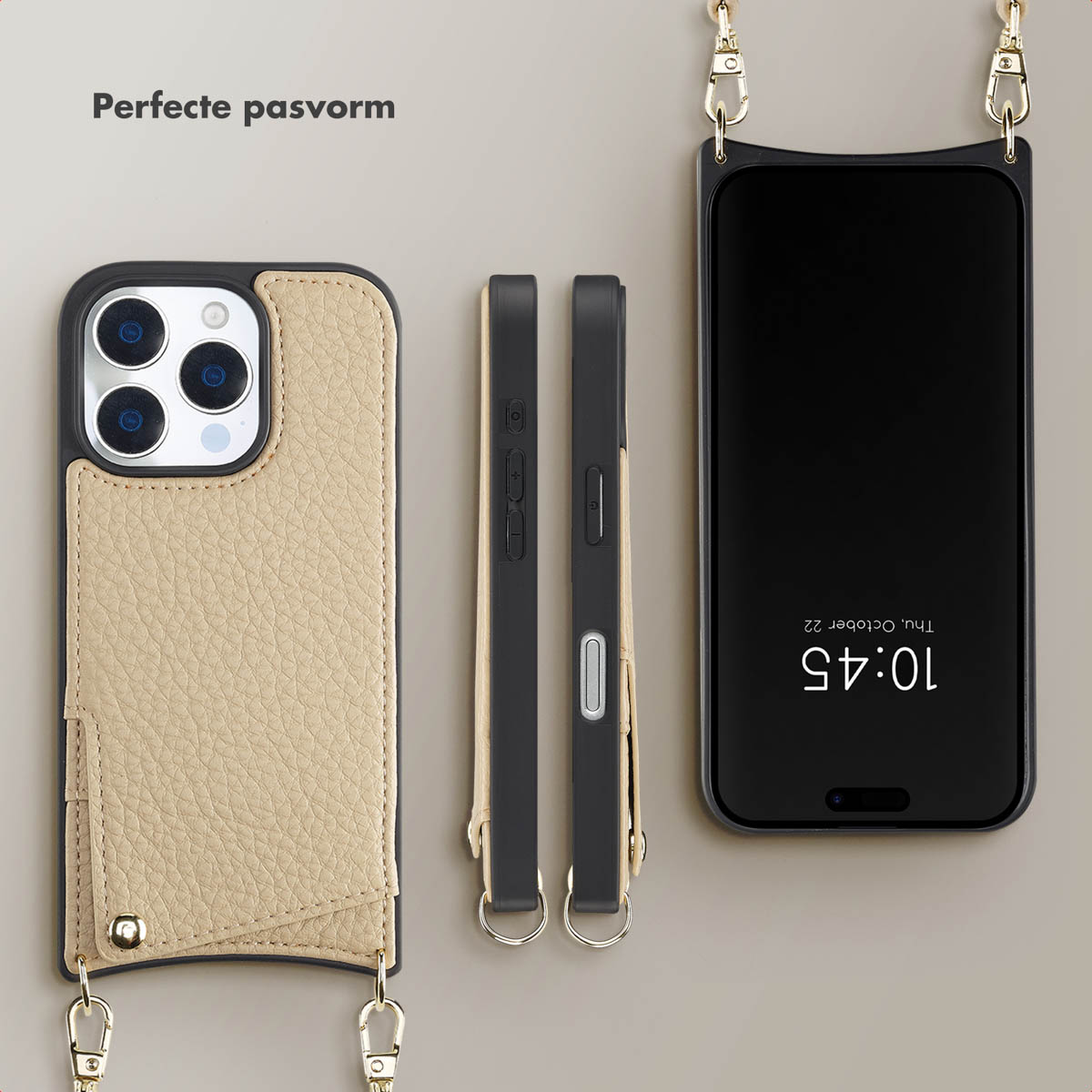 Telefoonhoesje met telefoon. Telefoonhoes heeft een kaartsleuf en een riem. De telefoon toont 10:45 uur.