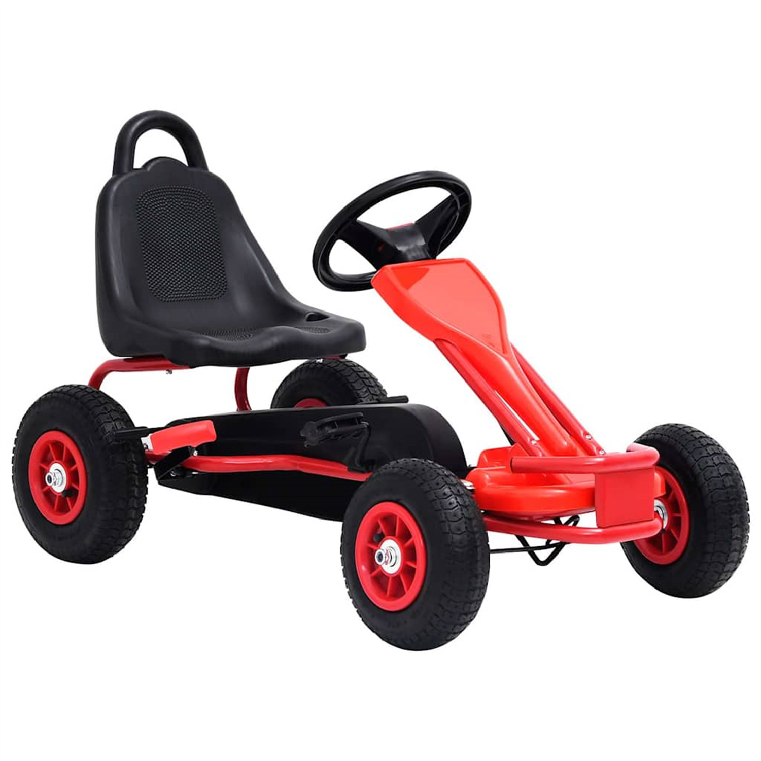 Rotes Go-Kart. Schwarzer Sitz und Lenkrad. Vier rote Räder.