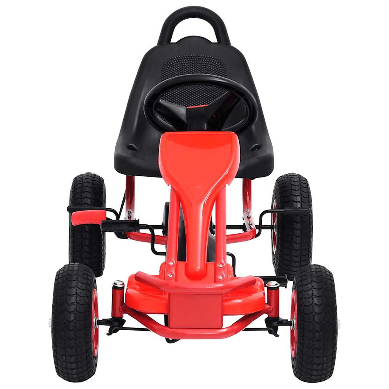 Ein rotes Go-Kart mit schwarzem Sitz und Reifen, von vorne gesehen. Es hat einen roten Rahmen.