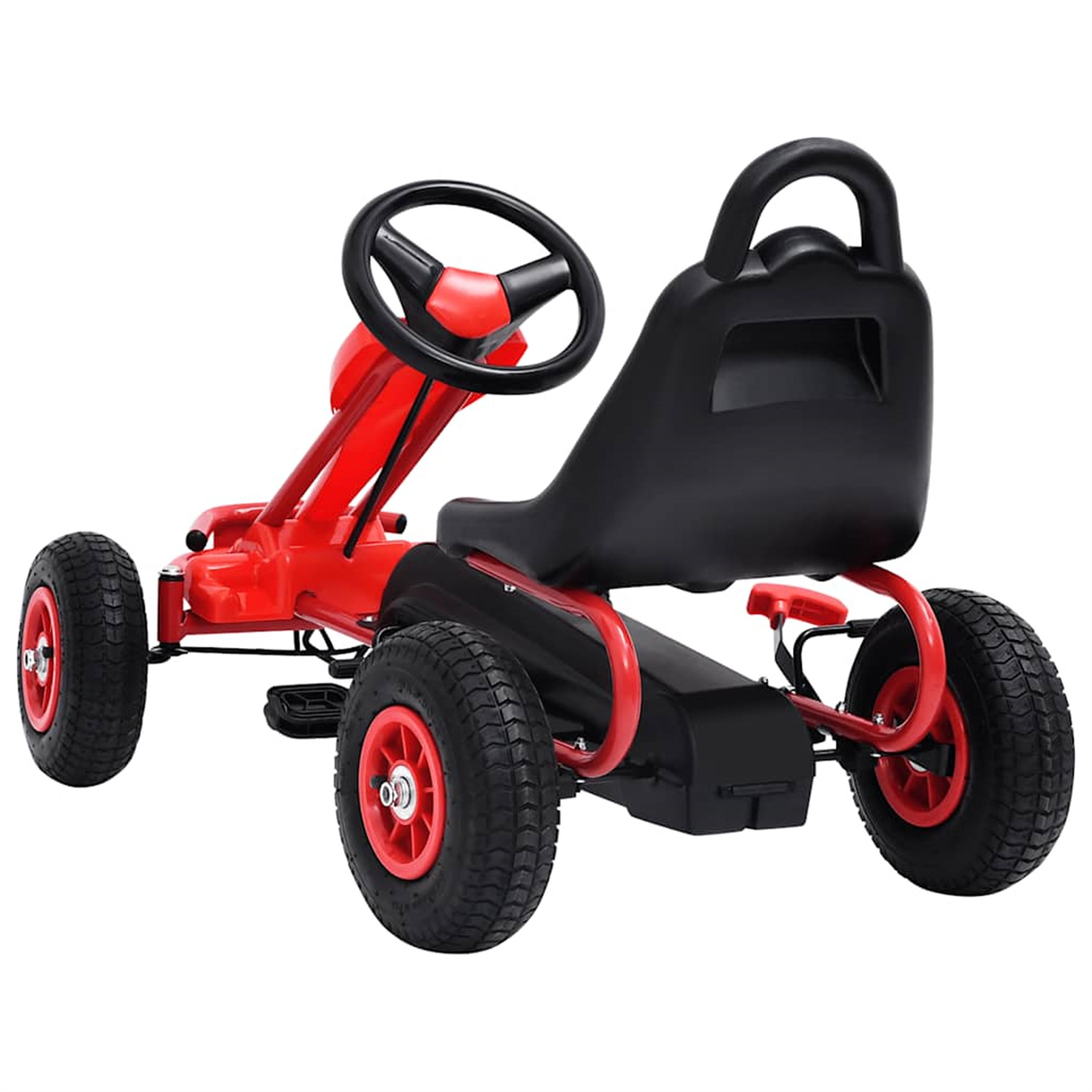 Roter und schwarzer Tret-Go-Kart, Rückansicht, auf neutralem Hintergrund, zeigt Reifen und Sitz.