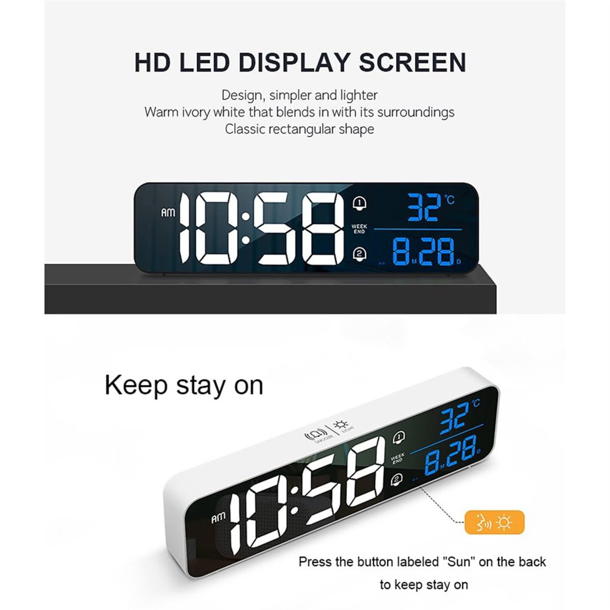 Digitaler Wecker mit Uhrzeit und Datum sowie Text über Design und Dauerbetrieb.