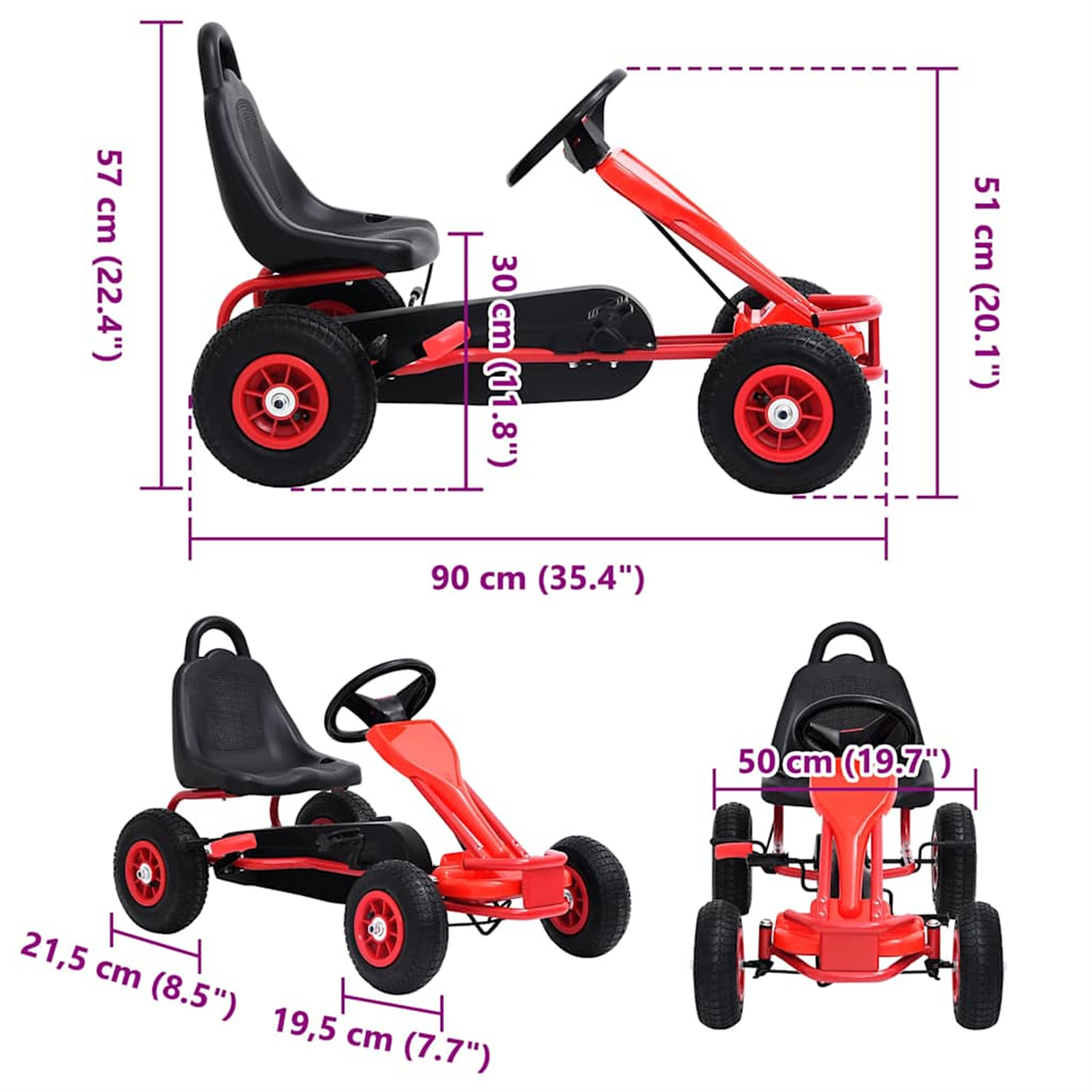 Roter Go-Kart mit schwarzem Sitz, Rädern und Lenkrad. Abmessungen sind angegeben.