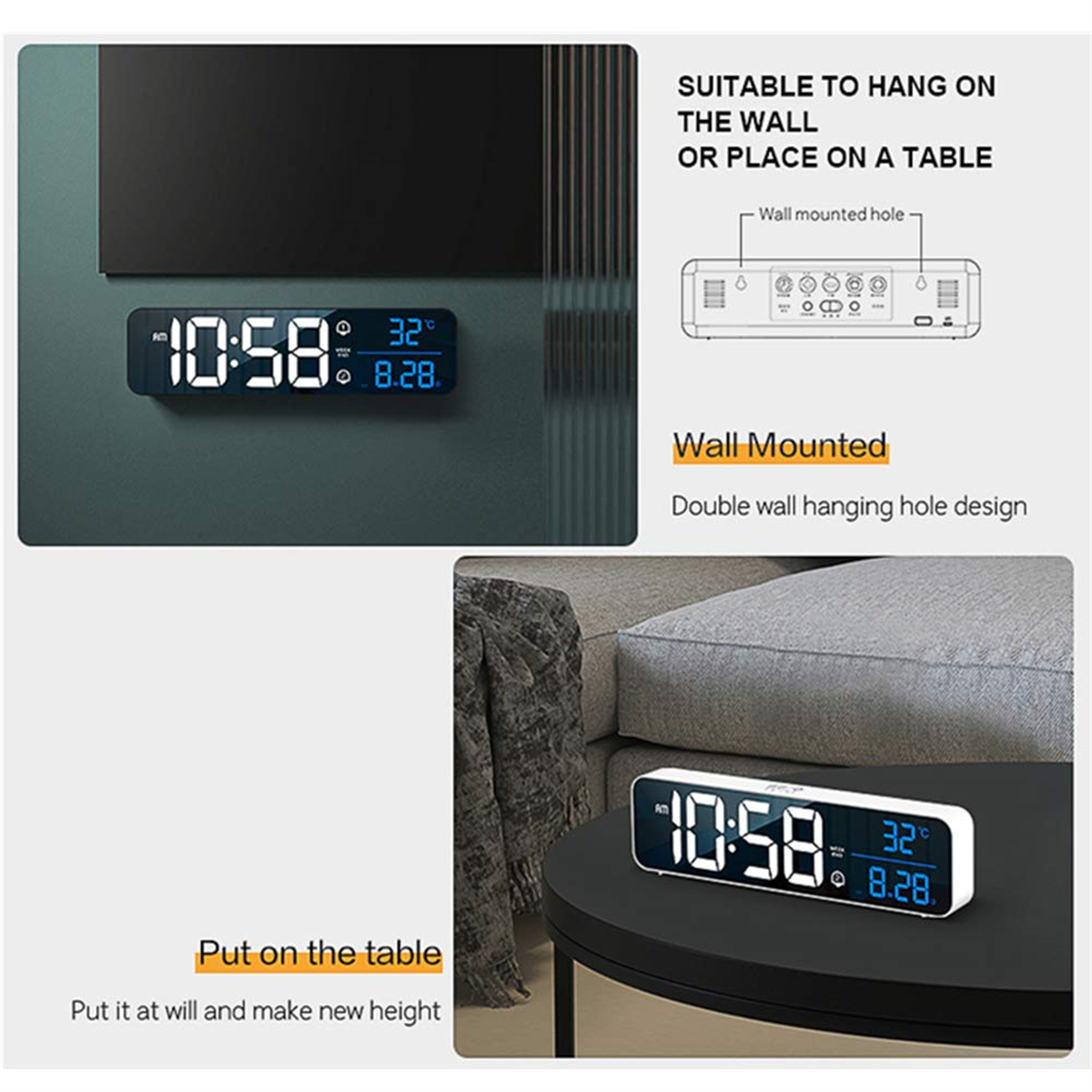 Eine Digitaluhr an Wand und Tisch, die Zeit und Temperatur anzeigt, mit Details zur Wandmontage.