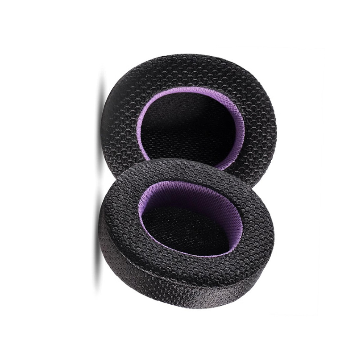 Due cuscinetti auricolari neri e viola su sfondo bianco.