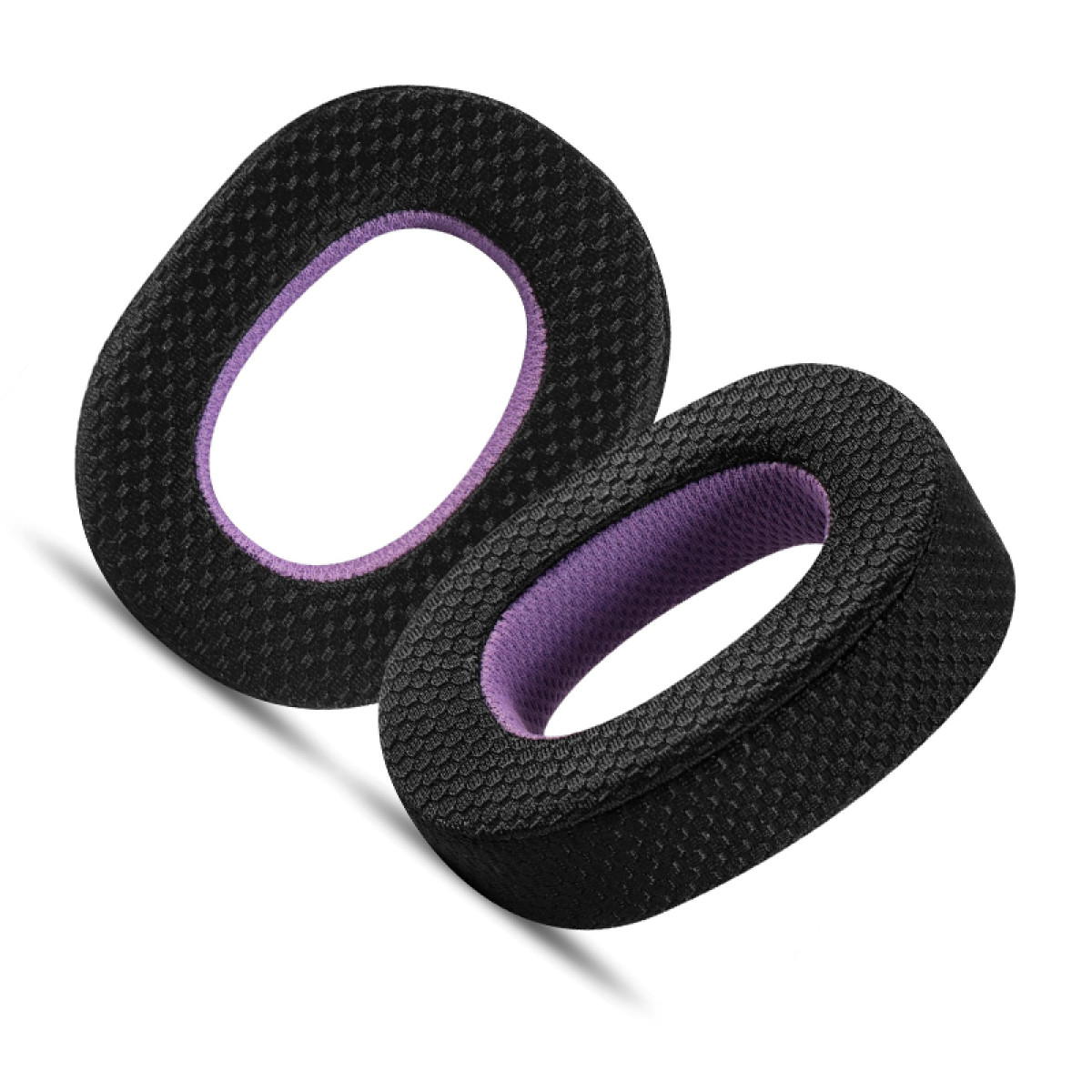 Twee zwarte oorkussens voor koptelefoons, met een paars interieur en een zwarte mesh-bekleding.
