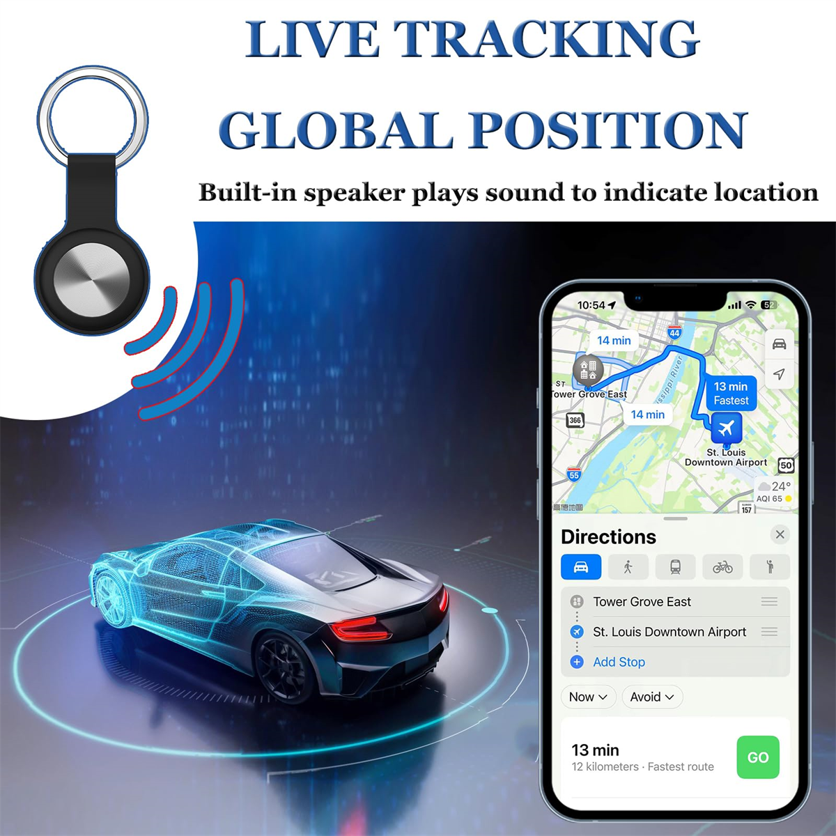 Telefon mit Live-Tracking-Karte, Schlüsselanhänger-Tracker und Autografik.